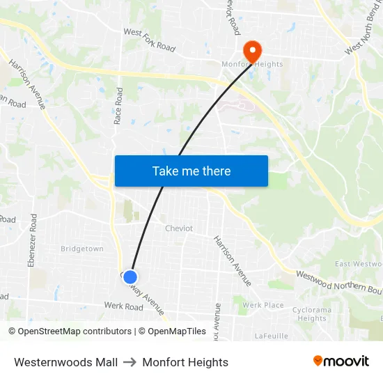 Westernwoods Mall to Monfort Heights map
