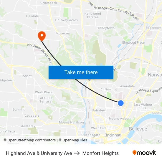 Highland Ave & University Ave to Monfort Heights map