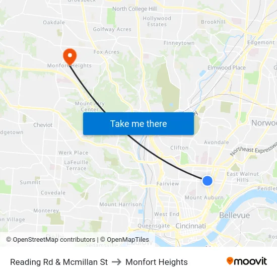 Reading Rd & Mcmillan St to Monfort Heights map