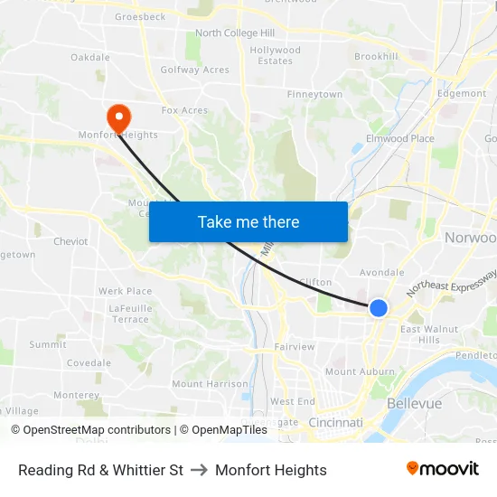 Reading Rd & Whittier St to Monfort Heights map