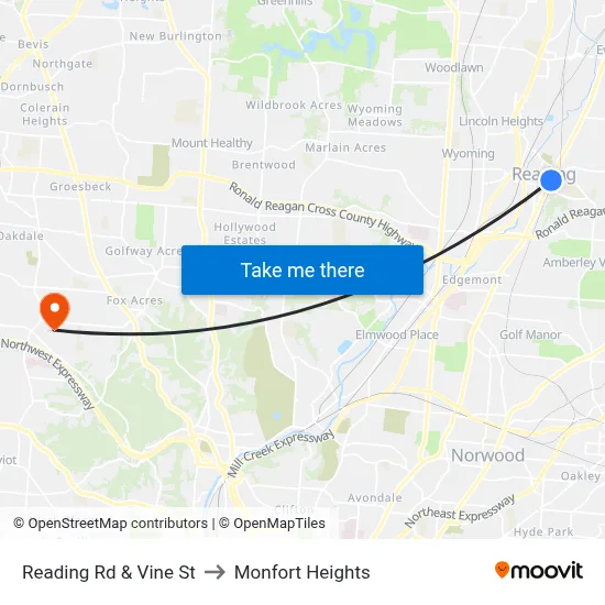 Reading Rd & Vine St to Monfort Heights map