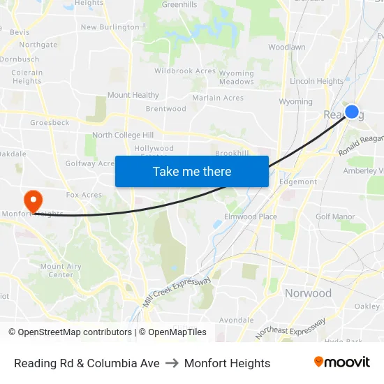 Reading Rd & Columbia Ave to Monfort Heights map