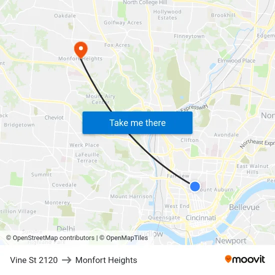 Vine St 2120 to Monfort Heights map
