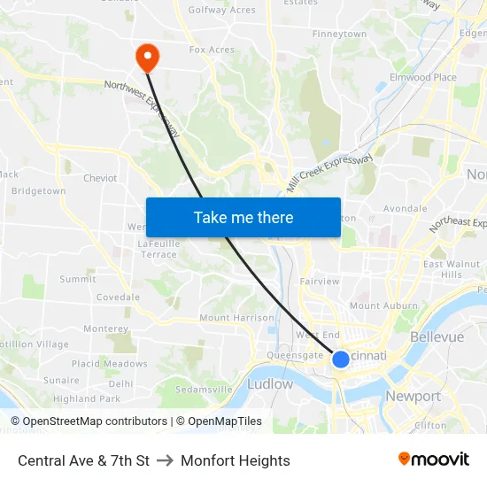 Central Ave & 7th St to Monfort Heights map