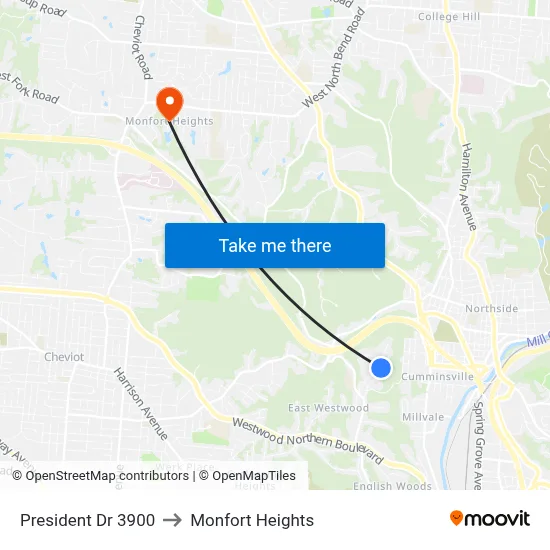 President Dr 3900 to Monfort Heights map