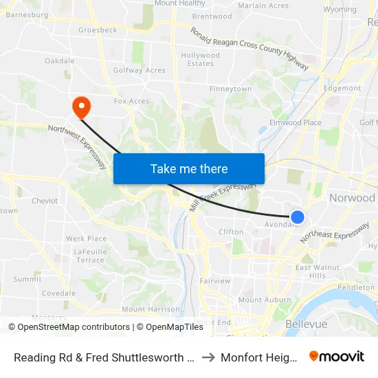 Reading Rd & Fred Shuttlesworth Cir to Monfort Heights map
