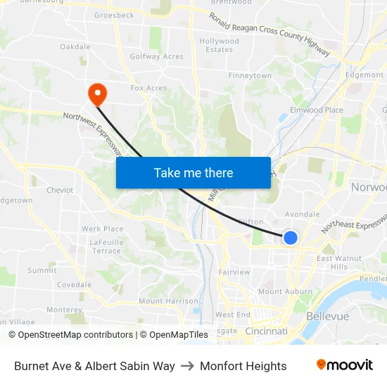 Burnet Ave & Albert Sabin Way to Monfort Heights map