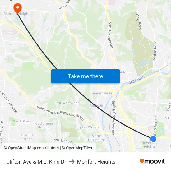 Clifton Ave & M.L. King Dr to Monfort Heights map