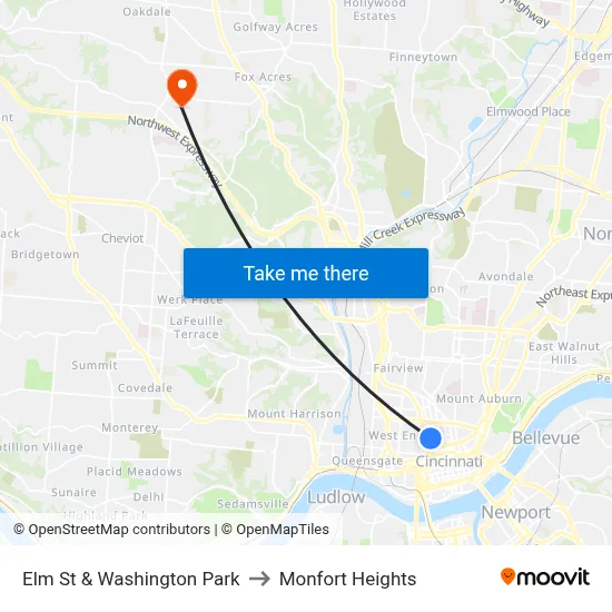 Elm St & Washington Park to Monfort Heights map