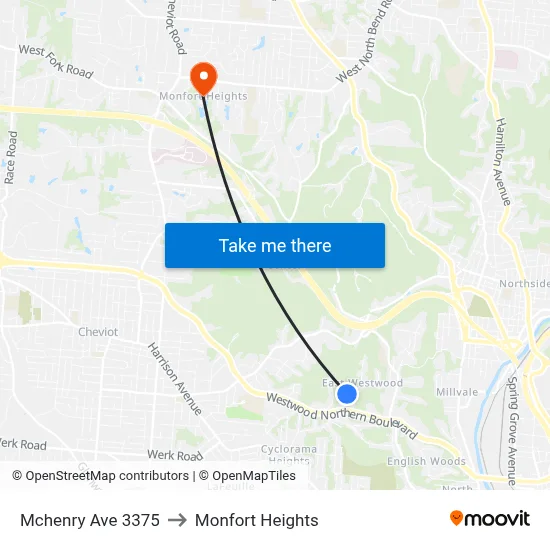 Mchenry Ave 3375 to Monfort Heights map