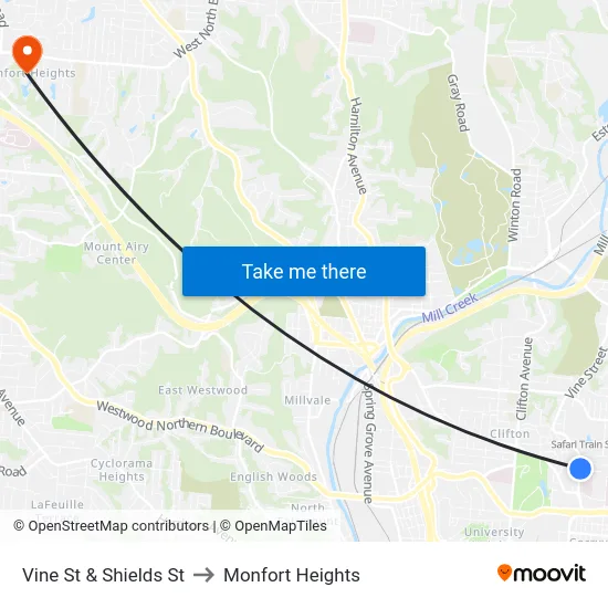 Vine St & Shields St to Monfort Heights map