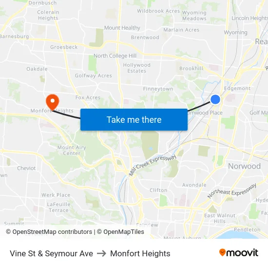 Vine St & Seymour Ave to Monfort Heights map