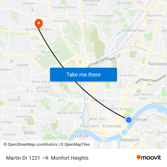 Martin Dr 1221 to Monfort Heights map
