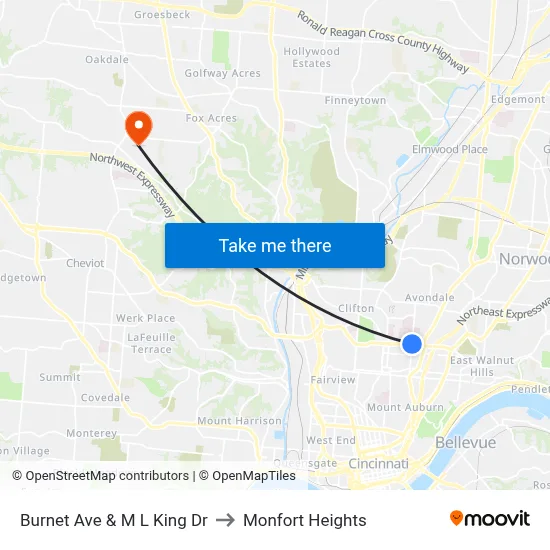 Burnet Ave & M L King Dr to Monfort Heights map