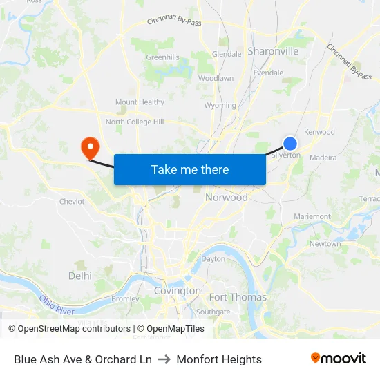 Blue Ash Ave & Orchard Ln to Monfort Heights map