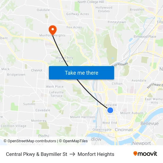 Central Pkwy & Baymiller St to Monfort Heights map
