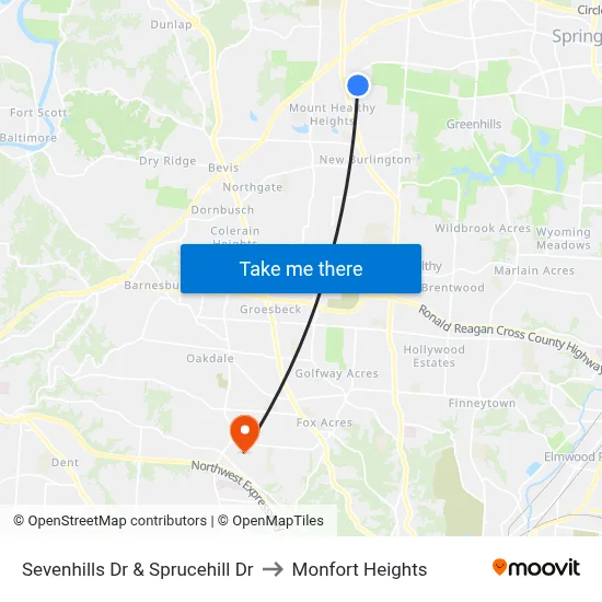 Sevenhills Dr & Sprucehill Dr to Monfort Heights map