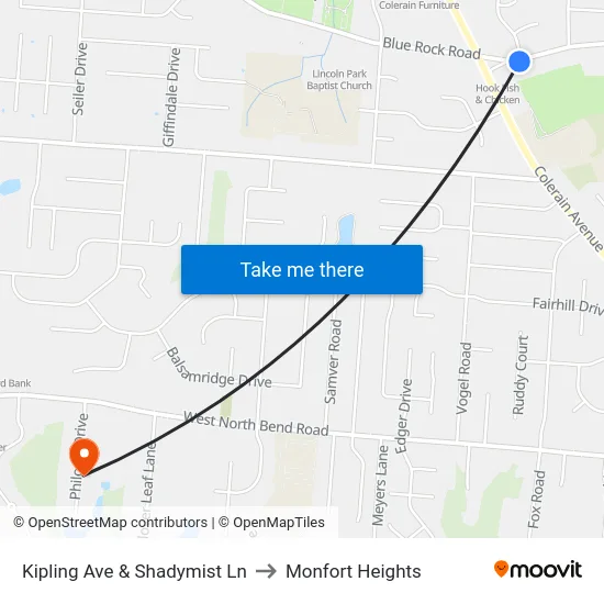 Kipling Ave & Shadymist Ln to Monfort Heights map
