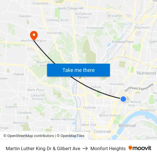 Martin Luther King Dr & Gilbert Ave to Monfort Heights map