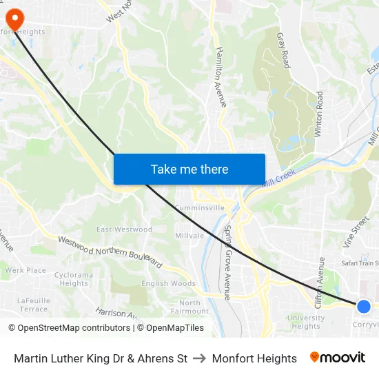 Martin Luther King Dr & Ahrens St to Monfort Heights map