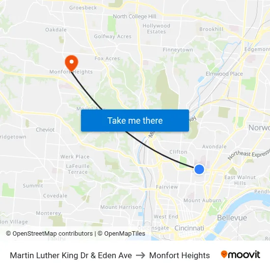 Martin Luther King Dr & Eden Ave to Monfort Heights map