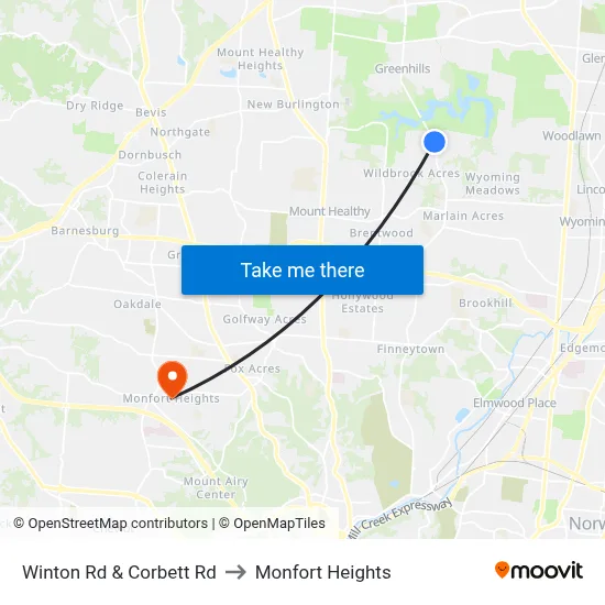 Winton Rd & Corbett Rd to Monfort Heights map