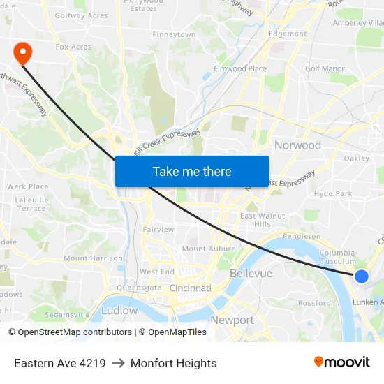 Eastern Ave 4219 to Monfort Heights map