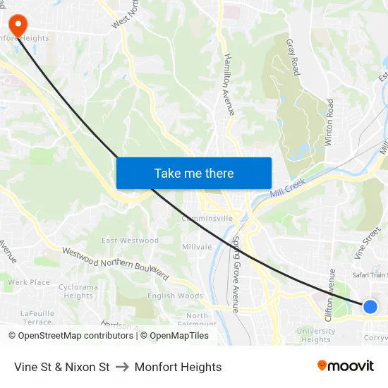 Vine St & Nixon St to Monfort Heights map