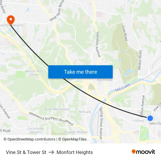 Vine St & Tower St to Monfort Heights map