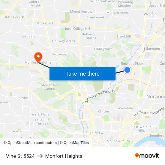 Vine St 5524 to Monfort Heights map