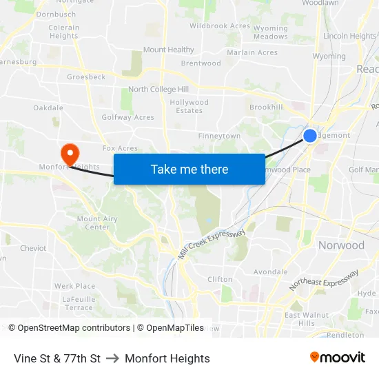 Vine St & 77th St to Monfort Heights map