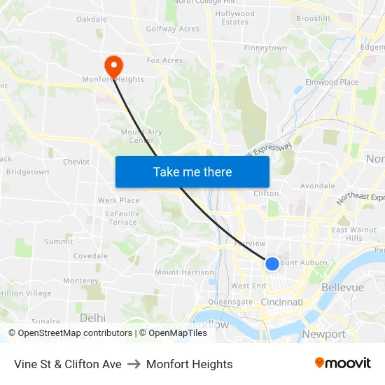 Vine St & Clifton Ave to Monfort Heights map