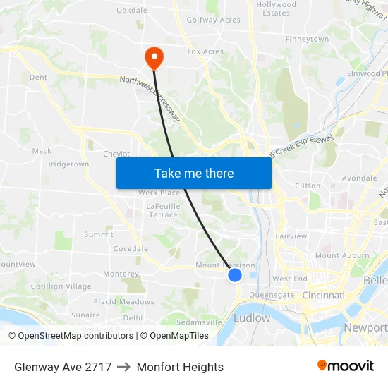Glenway Ave 2717 to Monfort Heights map