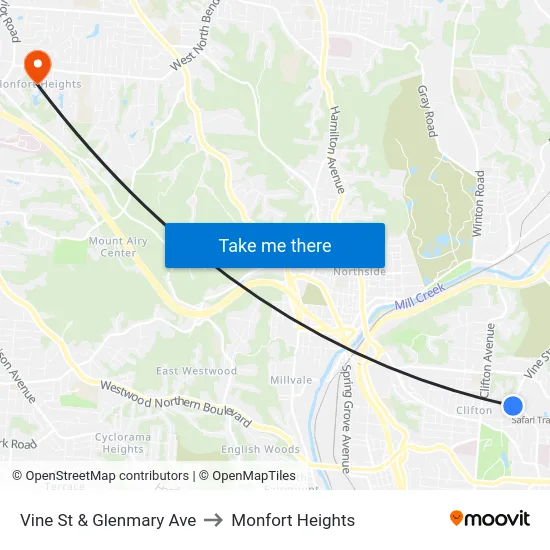 Vine St & Glenmary Ave to Monfort Heights map