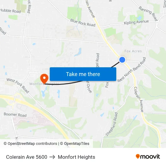 Colerain Ave 5600 to Monfort Heights map