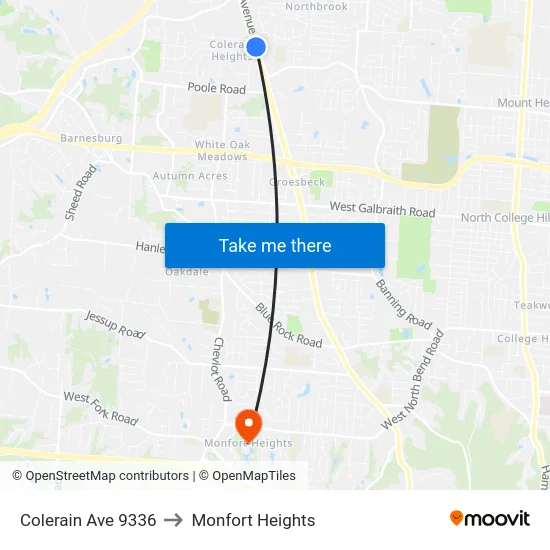 Colerain Ave 9336 to Monfort Heights map