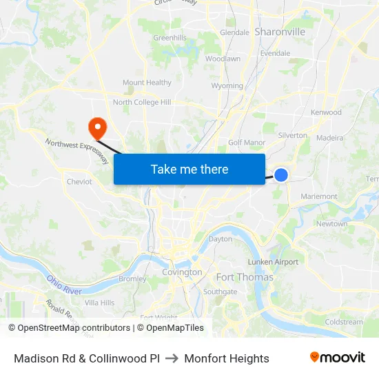 Madison Rd & Collinwood Pl to Monfort Heights map