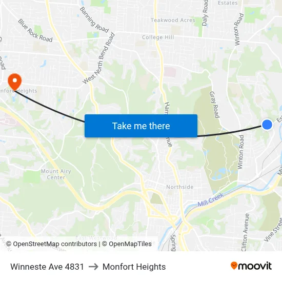 Winneste Ave 4831 to Monfort Heights map