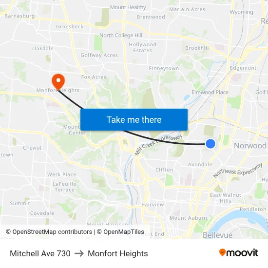 Mitchell Ave 730 to Monfort Heights map