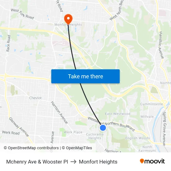Mchenry Ave & Wooster Pl to Monfort Heights map