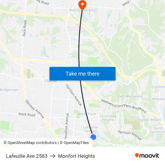 Lafeuille Ave 2583 to Monfort Heights map