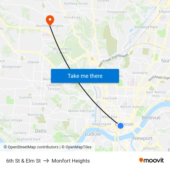 6th St & Elm St to Monfort Heights map