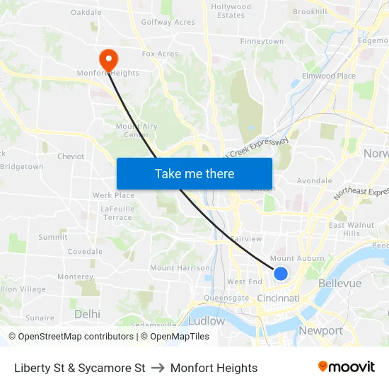 Liberty St & Sycamore St to Monfort Heights map