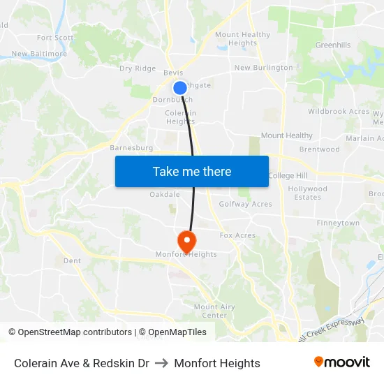 Colerain Ave & Redskin Dr to Monfort Heights map