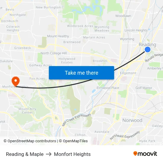 Reading & Maple to Monfort Heights map