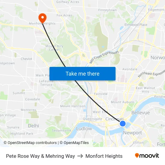 Pete Rose Way & Mehring Way to Monfort Heights map
