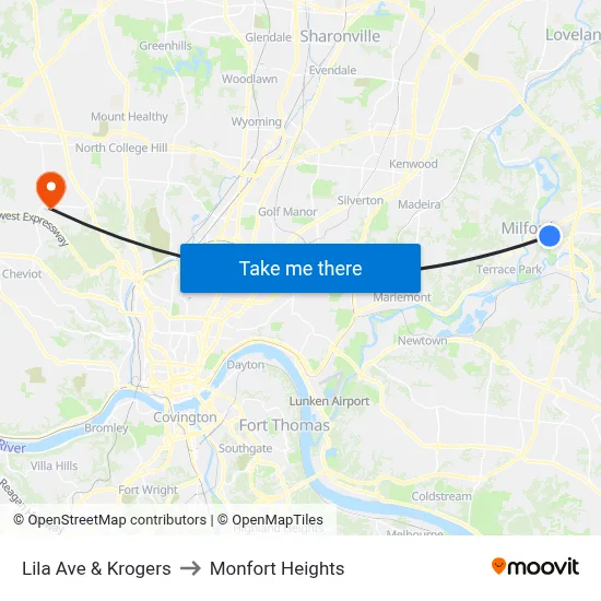 Lila Ave & Krogers to Monfort Heights map