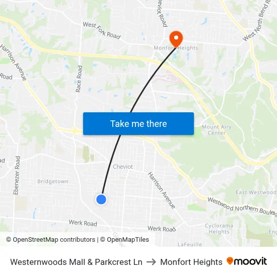 Westernwoods Mall & Parkcrest Ln to Monfort Heights map