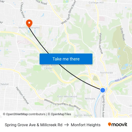 Spring Grove Ave & Millcreek Rd to Monfort Heights map