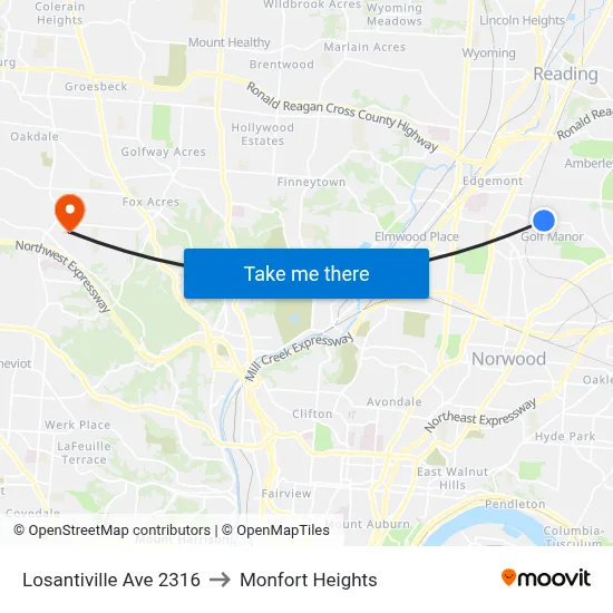 Losantiville Ave 2316 to Monfort Heights map